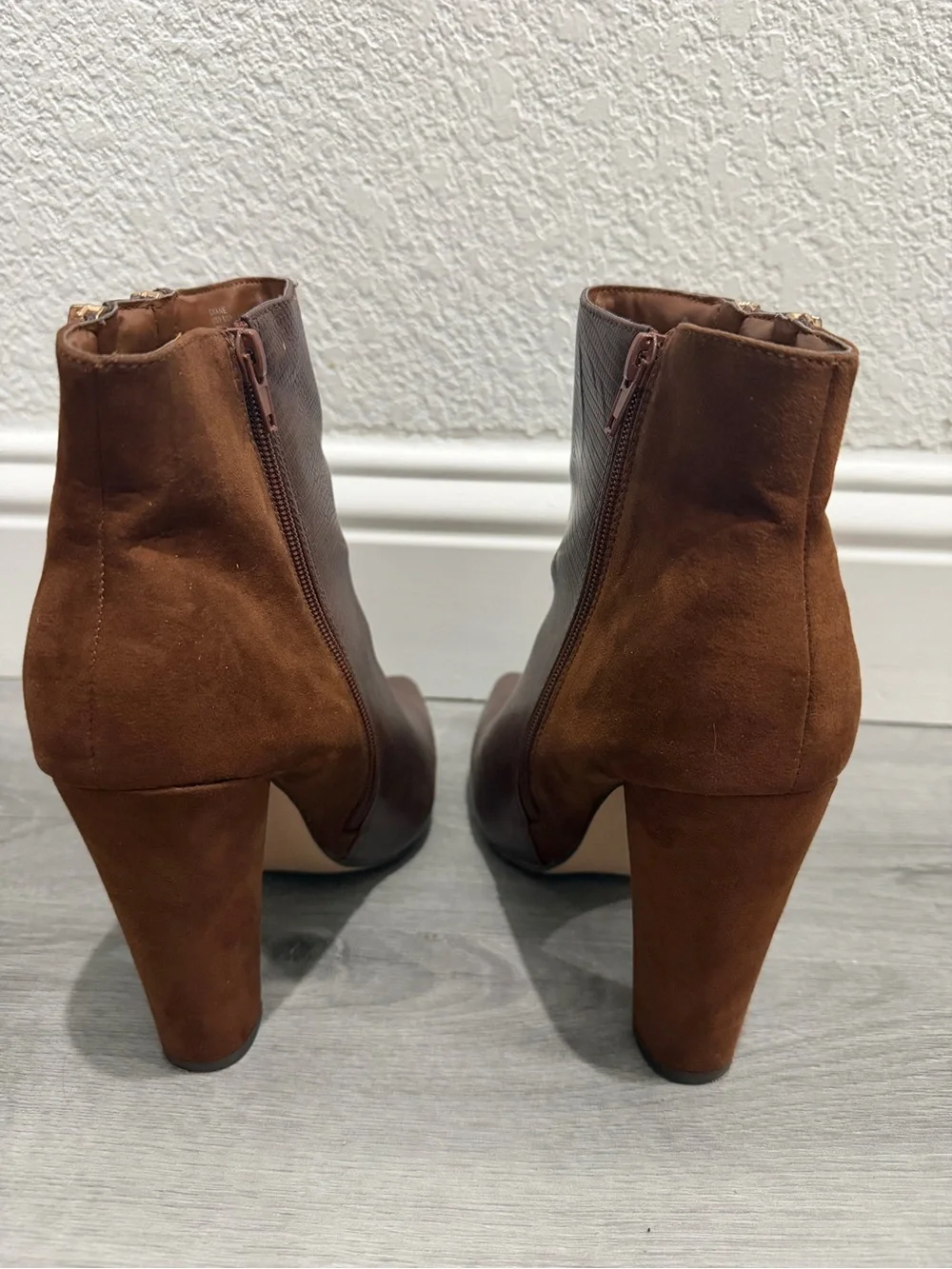 Shoe Dazzle Two-Tone Brown Pointed Ankle Booties with Gold Zippers